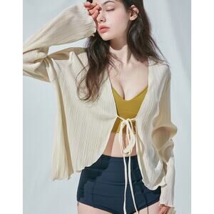 Commense Textured Ruffle Trim Tie Flowy Cream Blouse L NWT